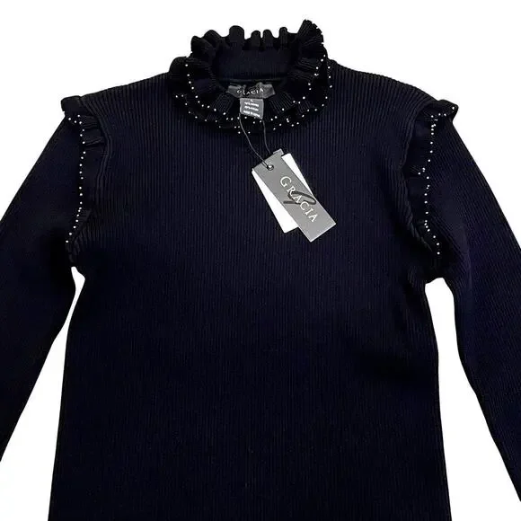 Gracia Stud Trim Ruffle Neck Black Sweater L | Y2K Glam, Beaded Holiday Knit NWT - Picture 5 of 6